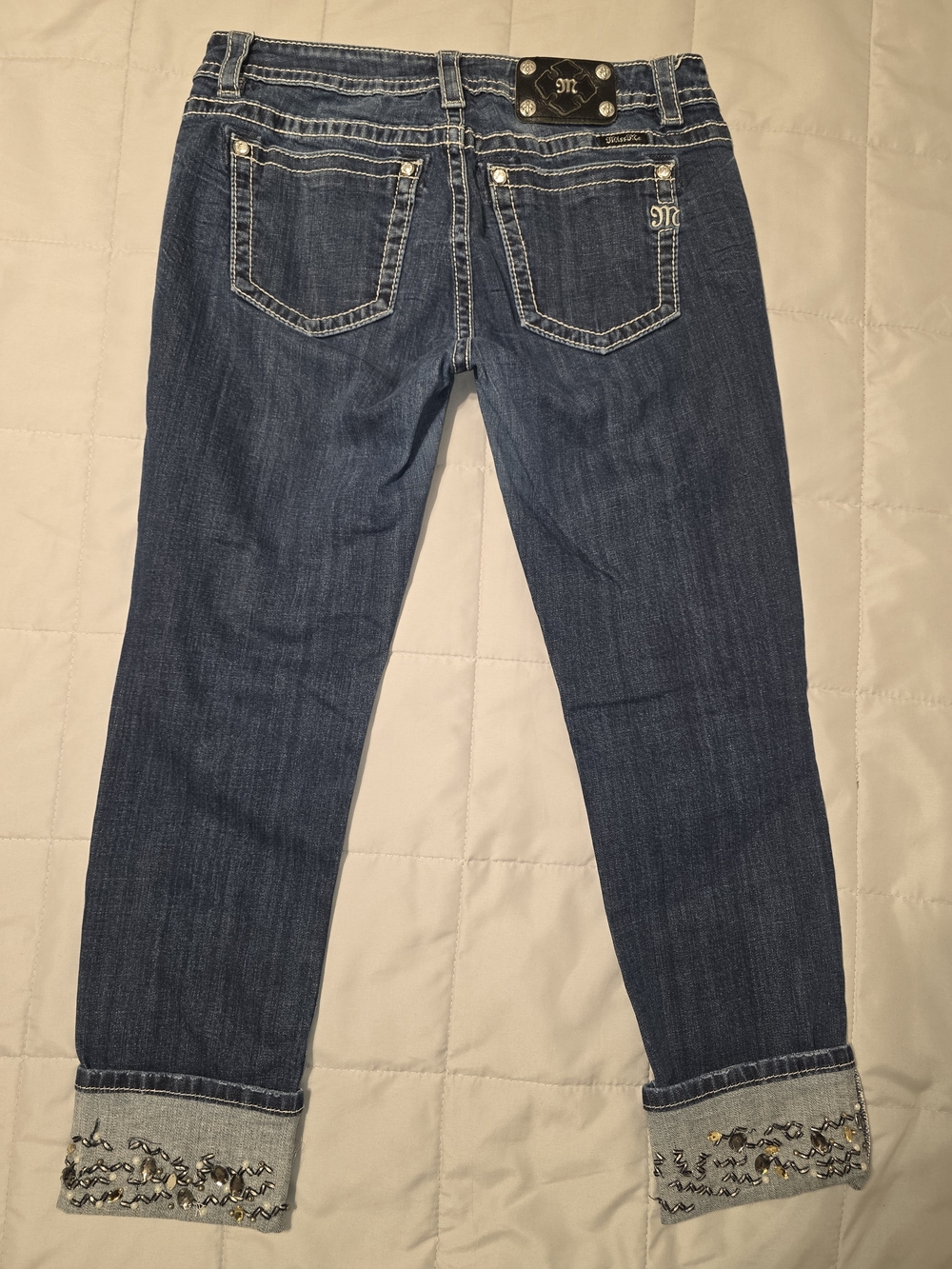 Women's Miss Me Mid-rise Cuffed Skinny Dark Blue W/Embellished Hem, Sz 32